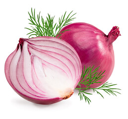 Wall Mural - red sliced onion with green leaves isolated on white background. clipping path