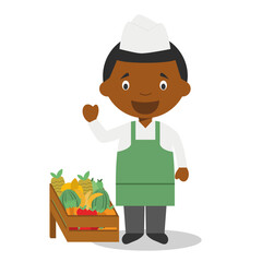 Wall Mural - Cute cartoon vector illustration of a black or african american male fruit seller.