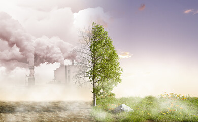 Compare the green tree and meadow clear air field with factory and air pollution with climate change effect, 3D illustration rendering