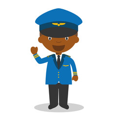 Wall Mural - Cute cartoon vector illustration of a black or african american male pilot.