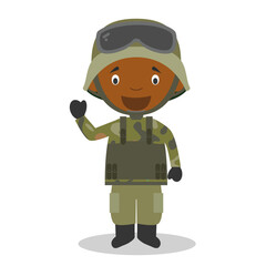 Wall Mural - Cute cartoon vector illustration of a black or african american male soldier.