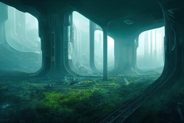 Wall Mural - 3d render of futuristic sci-fi landscape covered in moss
