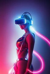 Wall Mural - vertical 3d render of a futuristic cyberpunk woman wearing a vr headset with pink neon lights