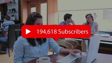 Poster - Animation of media icon over caucasian students writing