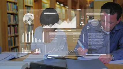 Poster - Animation of data processing over caucasian teachers in library