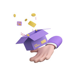 Poster - Cartoon hand credit card, floating coins around on purple background. money-saving, cashless society concept. 3d render illustration.
