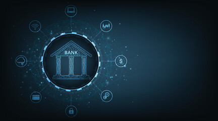 Fototapete - Banking Technology concept.Isometric illustration of bank on technology circuit lines background.Digital connect system.Financial technology concept.Vector illustration.EPS 10.