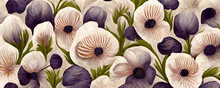 Anemone Flower Wallpaper With Textured Background, Purple Flower Painting, Seamless Texture For Flyers, Patterns And Layovers