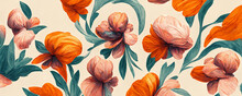 Floral Patterns For Wallpapers, Postcards, Flyers, Orange Flowers On Pastel Background