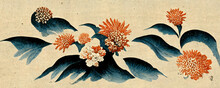 Japanese Kimono Art Inspired Flower Design. Floral Wallpaper With Asian Motives, Orange Flowers On Blue Mountain, Simplistic Yellow Background