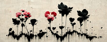 Ink Black Graffiti Flowers On A Textured White Background, With Hints Of Red, Inspired By Banksy. Digital Graphic Art Wallpaper, Background Patterns. Generative Ai
