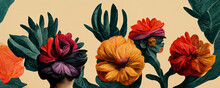 Flowers Inspired By Frida Kahlo, South American Fauna, Rich Colour Floral Background, Multicolour Pattern Design