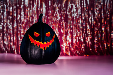 Spooky halloween black pumpkin, Jack O Lantern, with red illuminated evil face and eyes on shining tinsel curtain on the background. Happy Halloween decor concept. Festive postcard. Selective focus