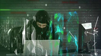 Poster - Animation of data processing and shapes over caucasian male hacker