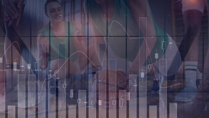 Poster - Animation of data processing over diverse female basketball players at gym