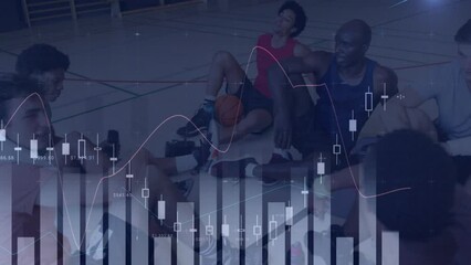 Poster - Animation of data processing over diverse male basketball players at gym