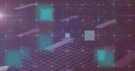 Poster - Animation of multicolored glitch technique, square, arrows and circle over binary codes