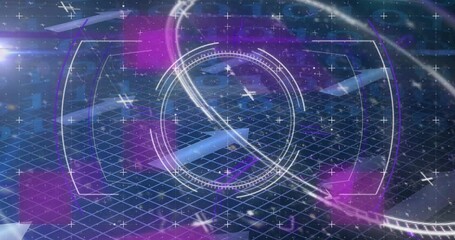 Poster - Animation of multicolored glitch technique with squares, arrows, circle over binary codes