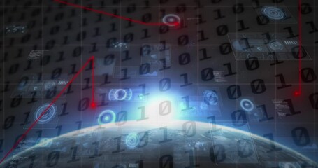 Poster - Animation of red moving dots forming lines with binary code, circles and glare over globe