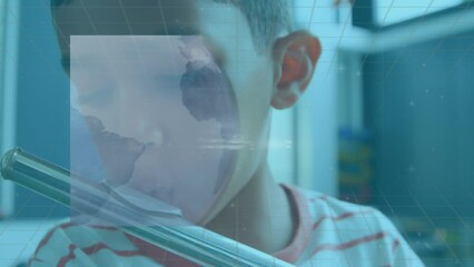 Poster - Animation of data processing over biracial schoolboy playing flute
