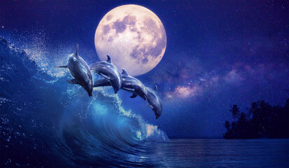 Wall Mural - beautiful night ocean with playful dolphins leaping on surfing wave and full moon on tropical backgr