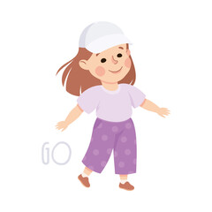 Sticker - Little Girl in Baseball Cap Going Demonstrating Vocabulary and Verb Studying Vector Illustration