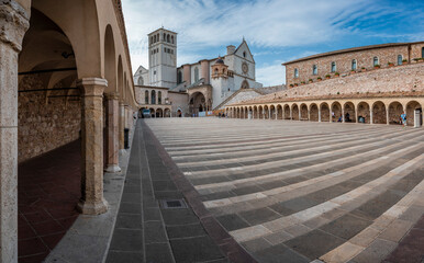 Ancient Papal basilica of San Francesco of Assisi. Art and religion. Black and white