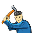 angry male hooligan killer swings an ax and wants to kill. Vector illustration
