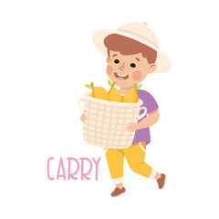 Poster - Little Boy Carrying Basket Full of Lemons as Demonstration of Vocabulary and Verb Studying Vector Illustration