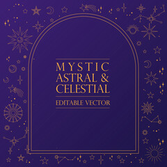 Wall Mural - astral celestial frame with stars, hands, sun, moon phases, and copy space. mystic design. ornate ma
