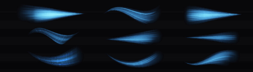 Wall Mural - Glowing motion line. Dynamic blue waves. Luminous lines of speed. Light sparkling effect. Magic speed flying trails of shine, bright shimmer particles fly. Vector illustration.