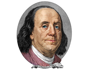 Wall Mural - Benjamin Franklin cut on old 100 dollars banknote isolated on white background