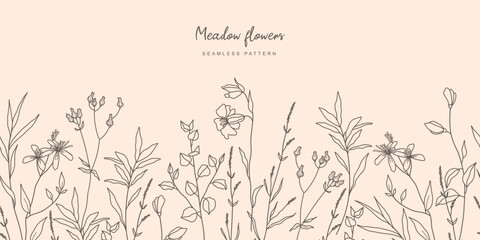 Botanical seamless background with trendy meadow greenery and flowers. Vintage foliage pattern for wedding invitation, wall  art and card template. Vector illustration in hand drawn line art style