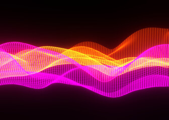 Poster - 3d abstract background of flying neon particles in motion, wavy lines flow big data technology and science theme, 3D dots array flowing in motion, nanotechnology.