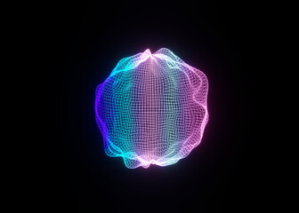 Poster - Abstract Deformed 3D Sphere. Bright Glowing Radial or Circular Digital Equalizer. 3D Illuminated Distorted Sphere of Glowing Particles and Lines. Visualization of Voice, Music Playback.