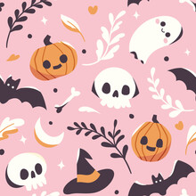 Seamless Vector Halloween Pattern Design. Cute Halloween Elements In Flat Style.