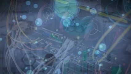 Poster - Animation of spots and caucasian scientist over server room