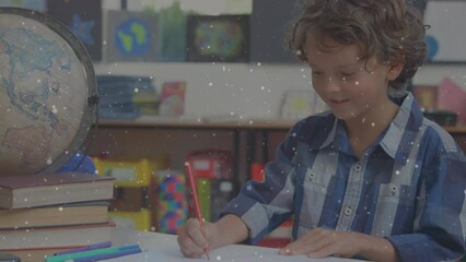 Aufkleber - Animation of spots over caucasian schoolboy writing