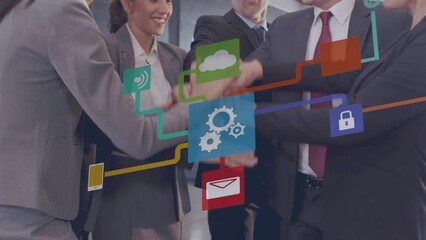 Poster - Animation of media icons and diverse business people in office
