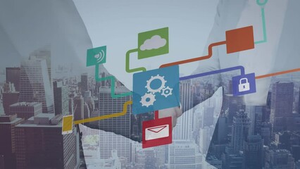 Poster - Animation of media icons and caucasian business people shaking hands over cityscape