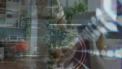 Poster - Animation of data processing over caucasian woman using vr headset