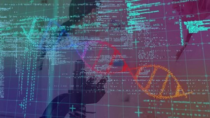 Poster - Animation of data processing over female scientist using microscope at laboratory
