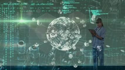 Poster - Animation of data processing and globe over caucasian female doctor