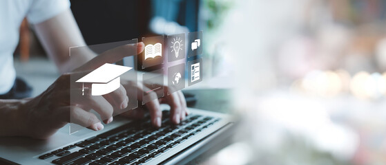 Fototapete - Concept of Online education. man use Online education training and e-learning webinar on internet for personal development and professional qualifications. Digital courses to develop new skills.
