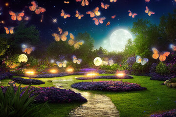 magic garden at night with flying butterflies