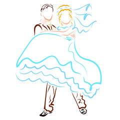 Wall Mural - groom in a classic brown suit circles his bride in a lush blue dress with a veil on arms, colorful silhouette