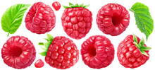 Set Of Ripe Raspberries With Leaves. PNG With Transparent Background.