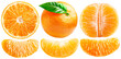 A set of ripe oranges: one whole with a leaf, one cut in half and orange slices. Peeled orange slice. PNG with transparent background.