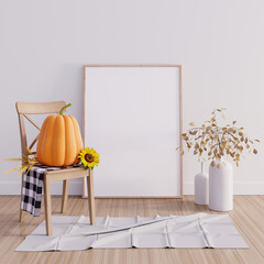 Wall Mural - Mock up interior design with empty picture frame and pumpkin on wooden chair 3d render 3d illustration