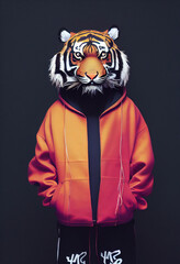 Studio photo tiger wearing streetwear cloths, sweater.